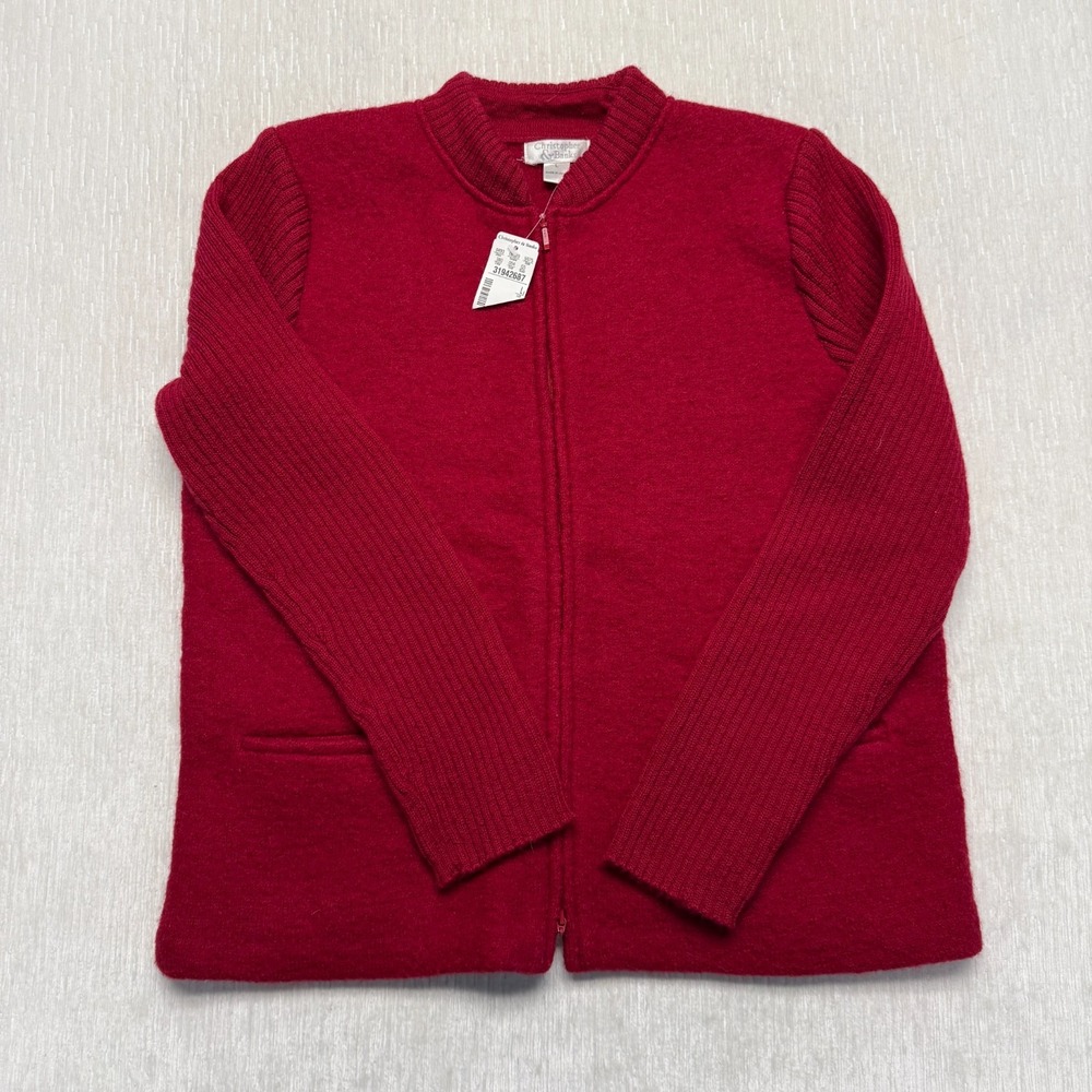 Christopher & Banks 100% Wool Cardigan Sweater Women Large Red Ribbed Knit Zip